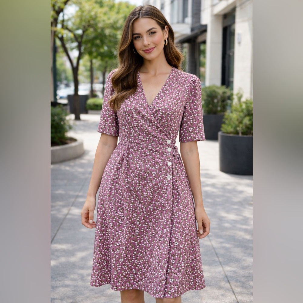 RW&CO. Mauve Pink Floral Wrap Midi Dress